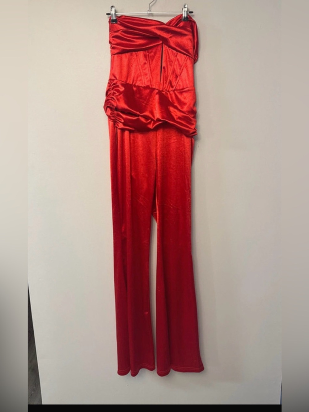 Strapless Red Satin Wide-Leg Jumpsuit